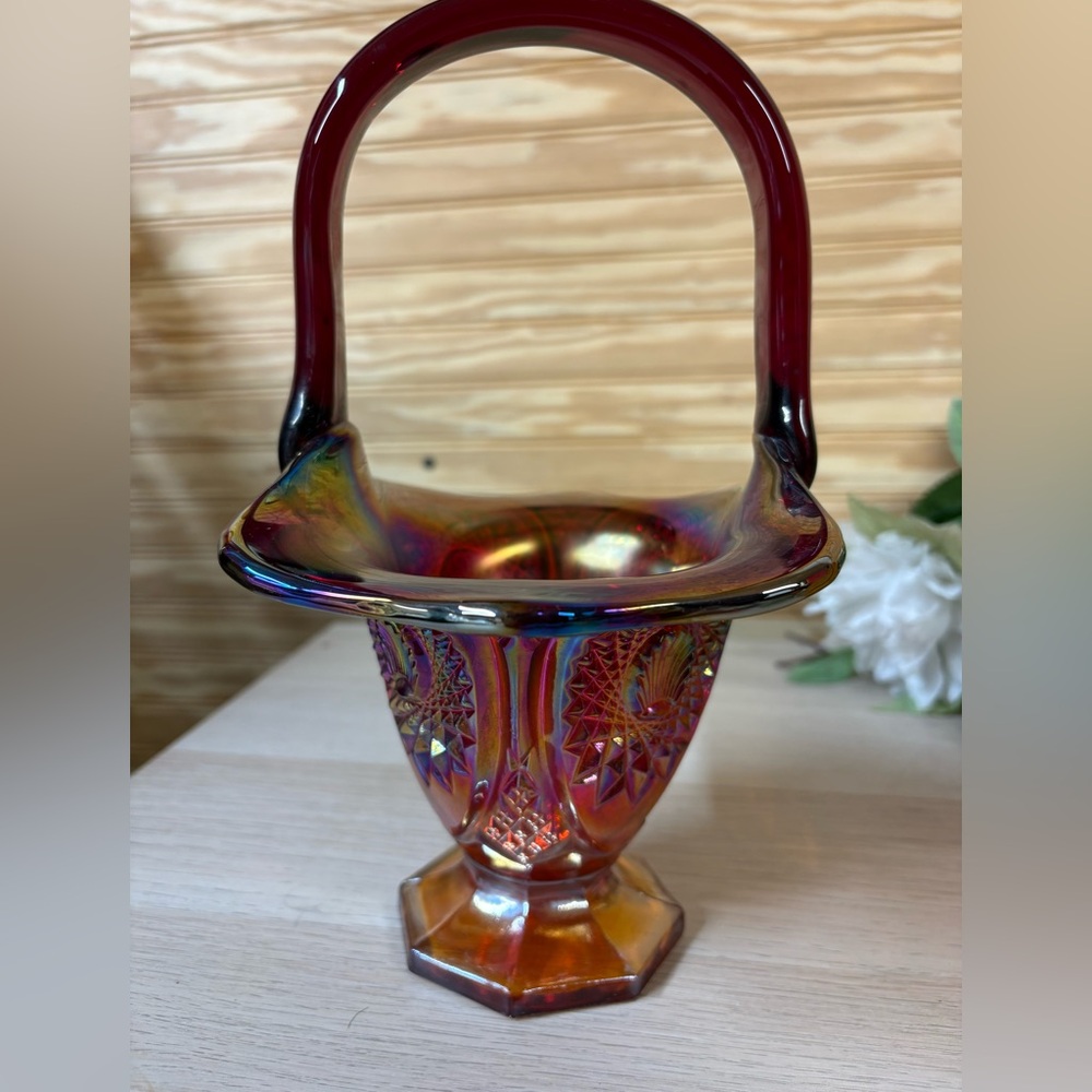 Vintage Indiana Carnival Glass Shell Stars Basket Red Iridescent Starburst